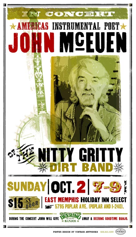 A concert poster for John McEuen and the Nitty Gritty Dirt Band made with fonts from the Wild West Press font set