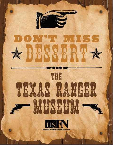Event flyer for the Texas Ranger museum, featuring the Wildwash from the Wild West Press font set