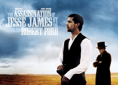 A movie poster for the outlaw jesse james with Brad Pitt featuring the Ashwood Condensed font from the Wild West Press font set 