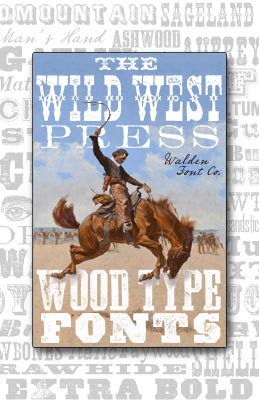 Cover art for the Wild West Press font set of rough and grungy wood type fonts and clip art